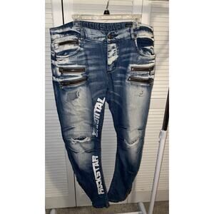 Rockstar Original Men's Jeans 40x31 Slim Fit Distressed Spelled Out Zippers